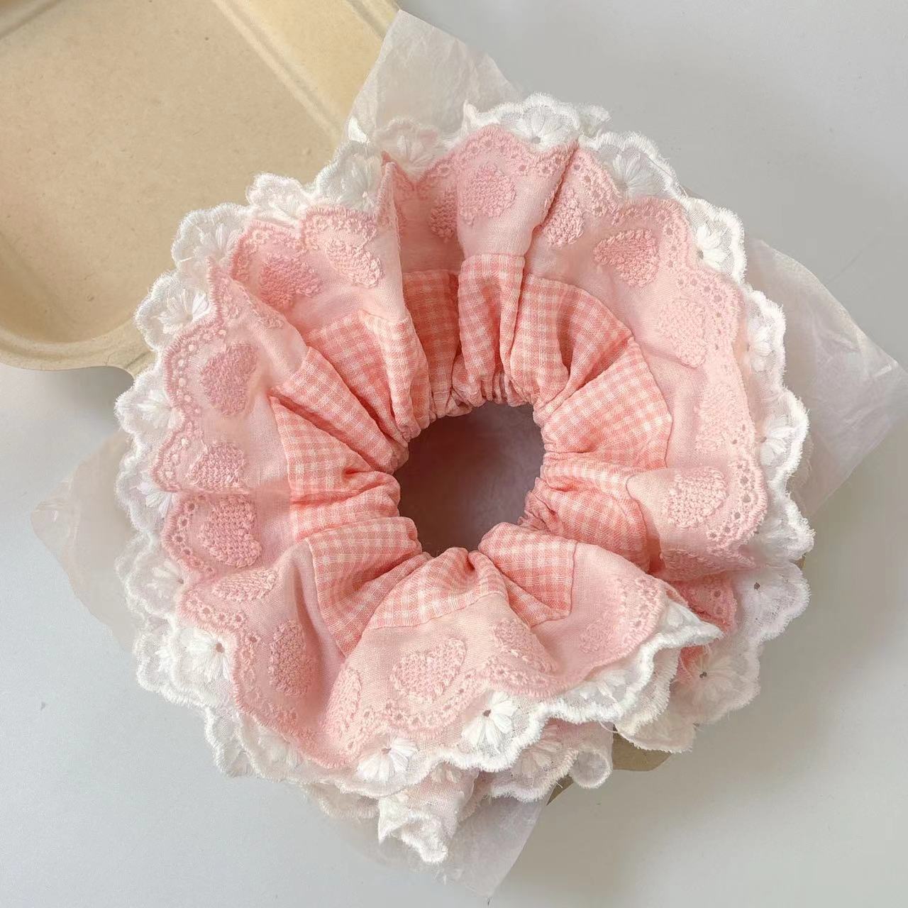 Stora hårband för kvinnor i spets, rutigt hårband, hästsvanshållare, hårknyte, hårring, gummiband, håraccessoarer för kvinnor, huvudbonader: Rosa