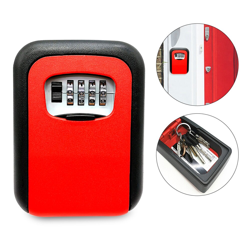 Nøgle låsekasse vægmonteret aluminiumslegering nøglesikker kasse vejrbestandig 4 cifret kombination nøgler opbevaring låsekasser indendørs udendørs: Rød