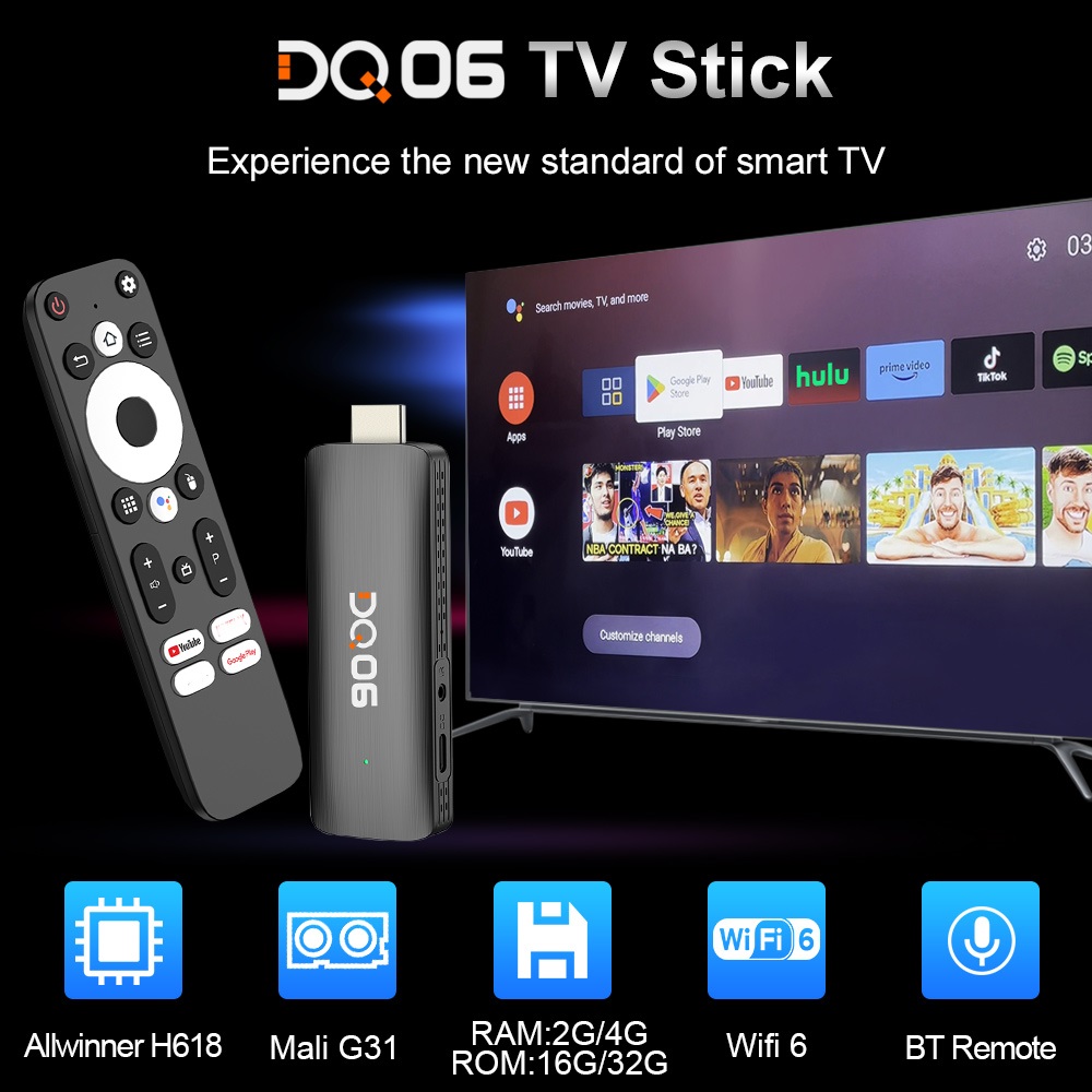 DQ06 ATV Mini TV Stick Android 12 Allwinner H618 Quad Core 8K Video 4K@60fps Wifi6 BT5.0 Build in BT Voice Android 12.0 TV BOX