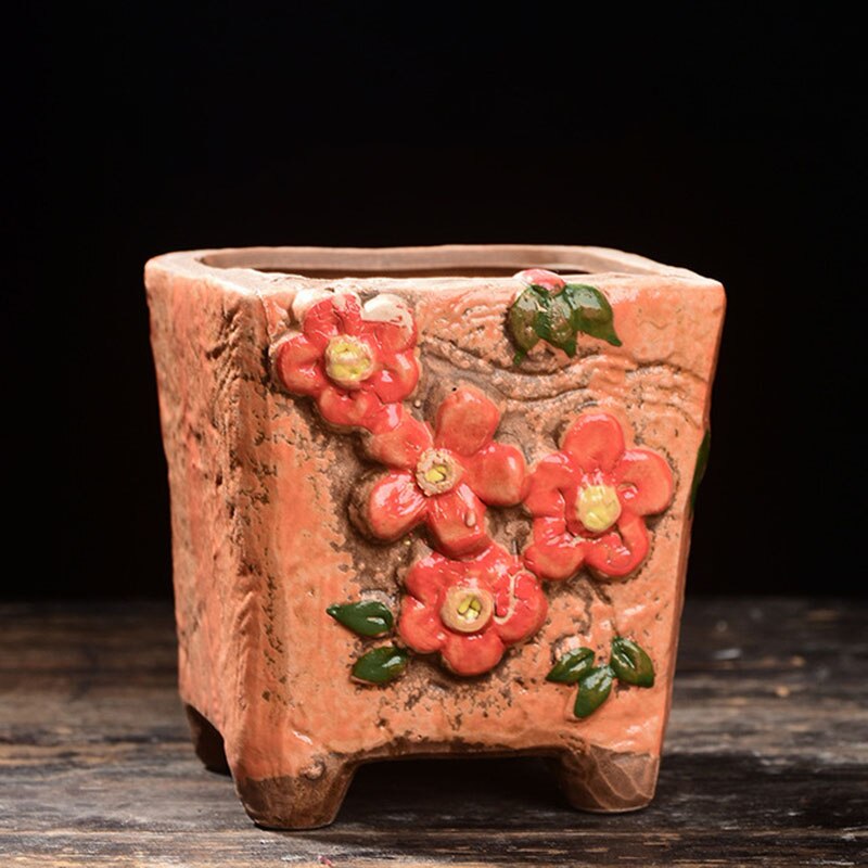 Ceramic Flowerpot Coarse Poterry Floral Pattern Fleshy Plant Pot Breathable Vase Office Desktop Ornaments Garden Decor: 8x8.5x9.5cm