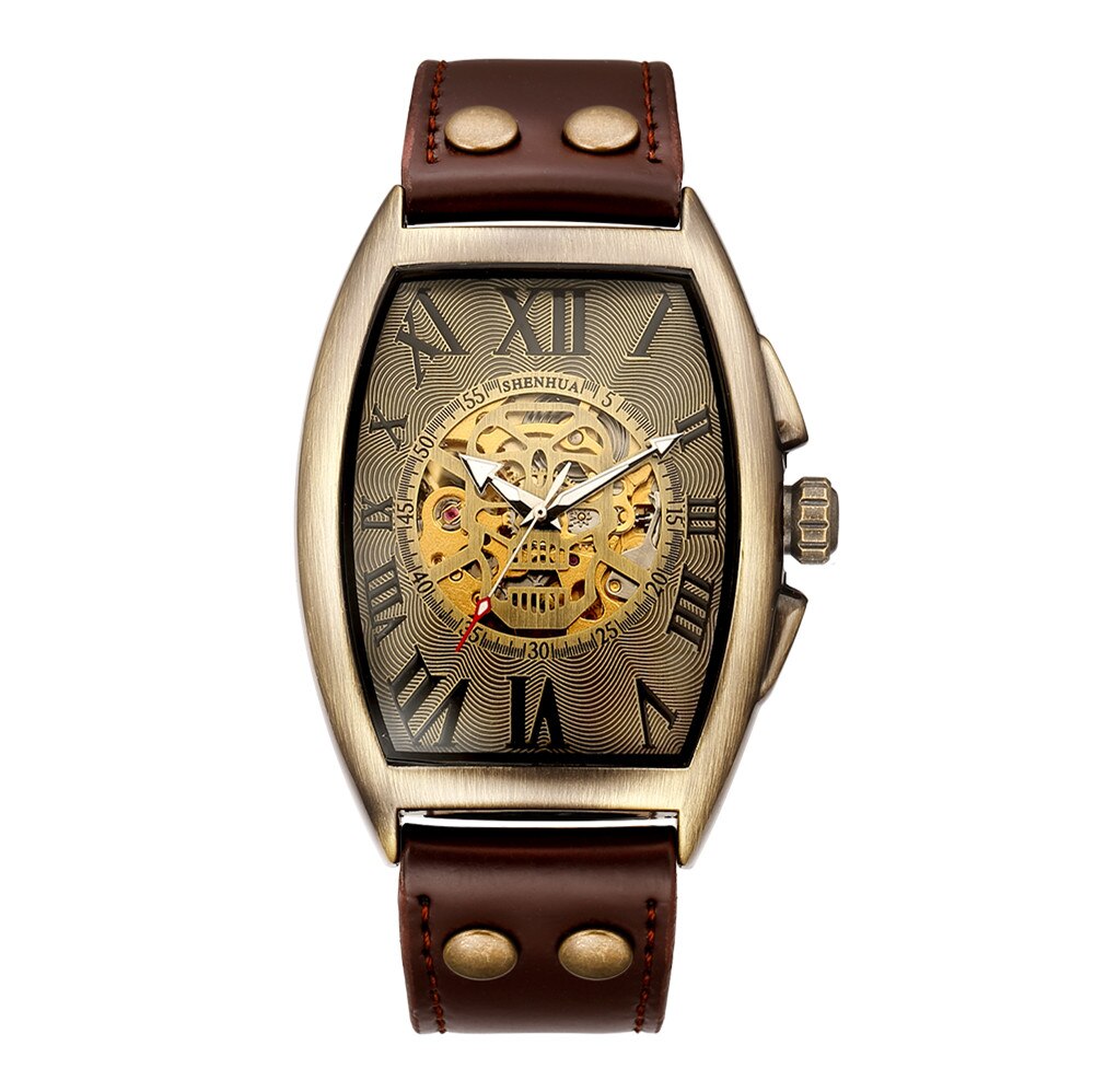 Retro automatiske ure mænd kranium skelet urskive selv vind brun armbåndsur han vintage vintage romersk ur læder reloj relogio: Brun kranium