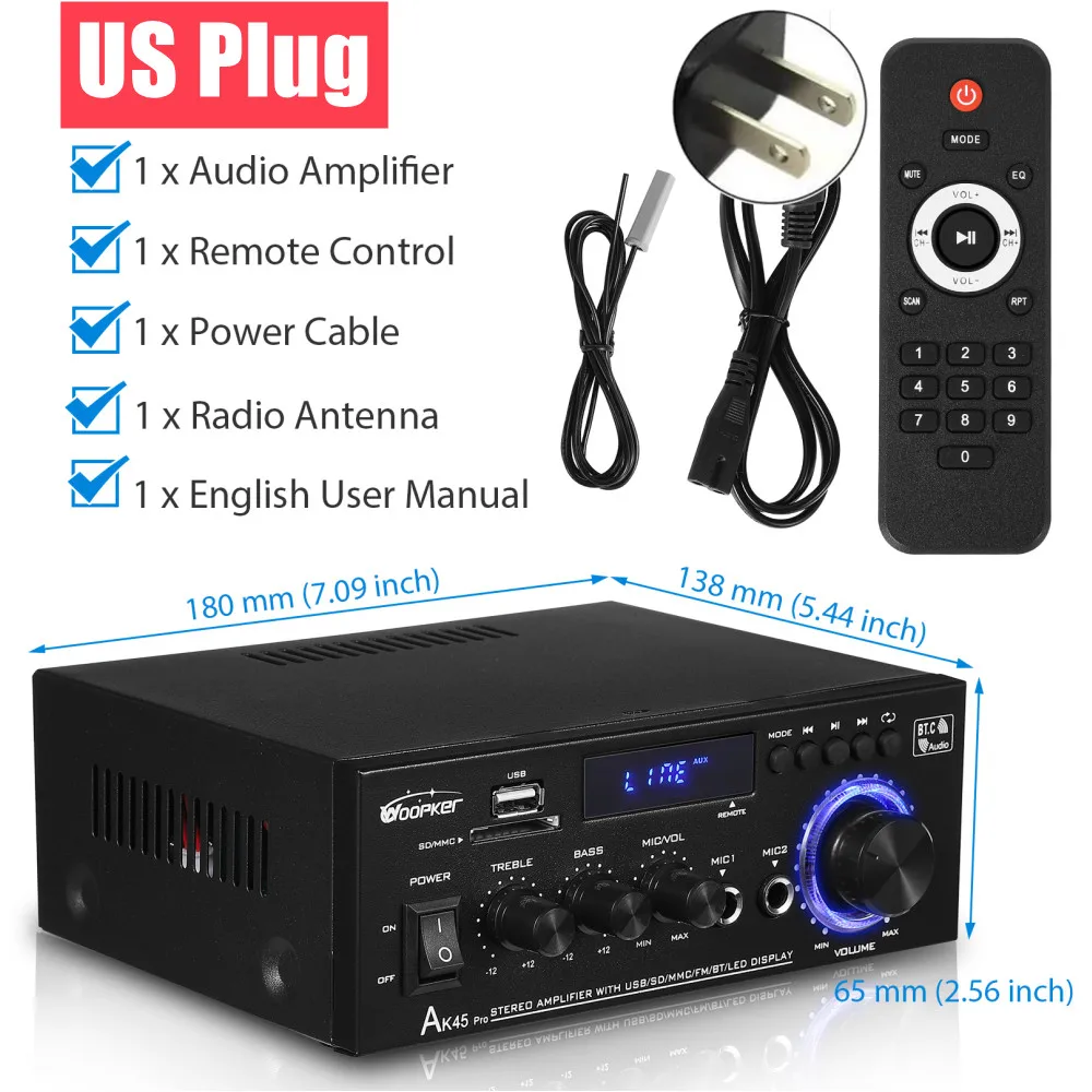 Woopker AK55/AK45 Pro/AK45/AK35 wzmacniacz dźwięku Bluetooth wzmacniacz cyfrowy do domowego samochodu Karaoke 2 kanał HiFi wzmacniacz audio FM USB: Black