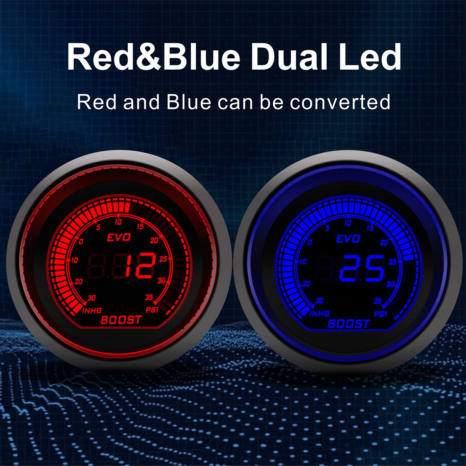 52mm Car Guages Boost Turbo Gauge Psi LCD Digital Display With Sensor Red Blue jauge voiture reloj presion turbo auto bar