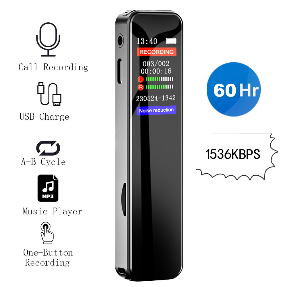 Gravador de áudio digital ativado por voz wav 1536kbps tipo-c gravação de longo tempo um botão para gravar ditaphone