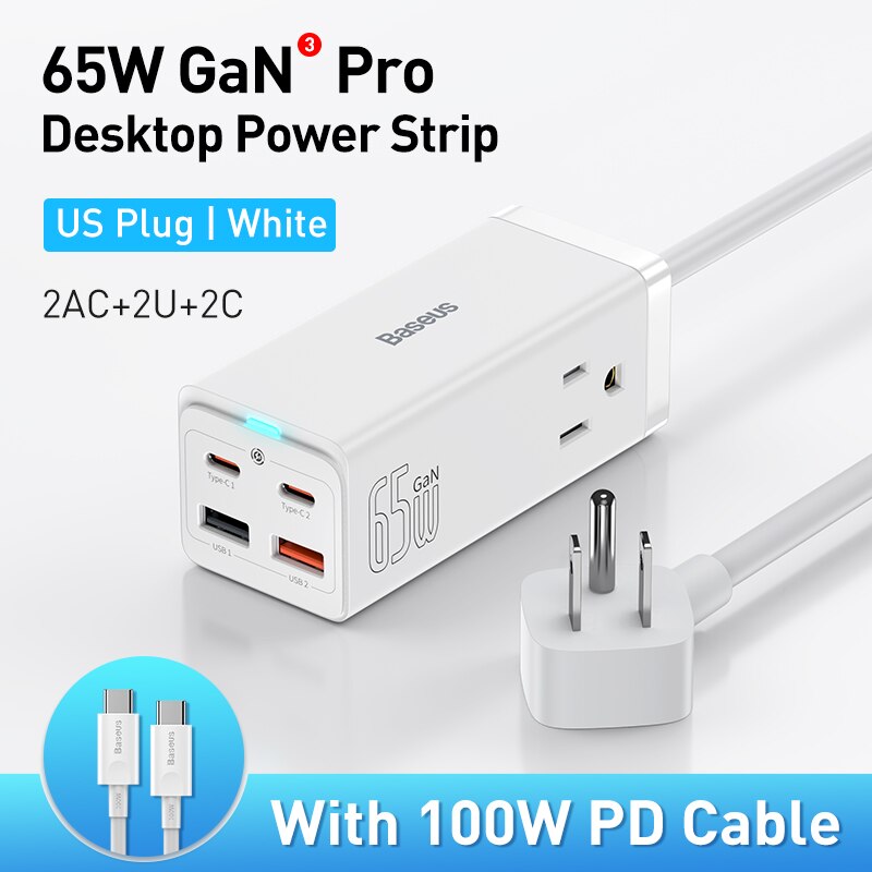 Baseus 65W GaN3 Pro ładowarka biurkowa listwa zasilająca wtyczka amerykańska stacja ładująca szybka ładowarka do iphone 13 12 Xiaomi Samsung Laptop: US plug  White