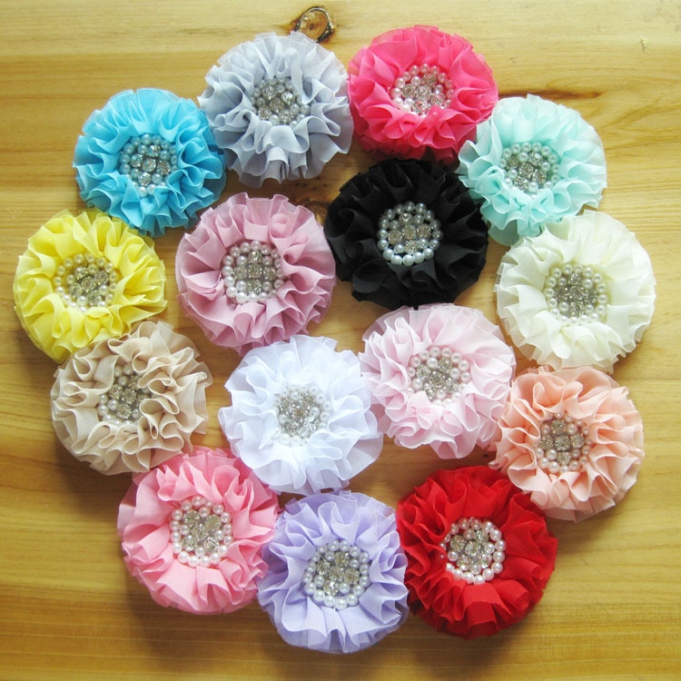 15 colours 30 stks/partij goedkope kralen stof chiffon verstoorde bloemen w/pearl rhinestone center voor baby bloem DIY haar accessoires