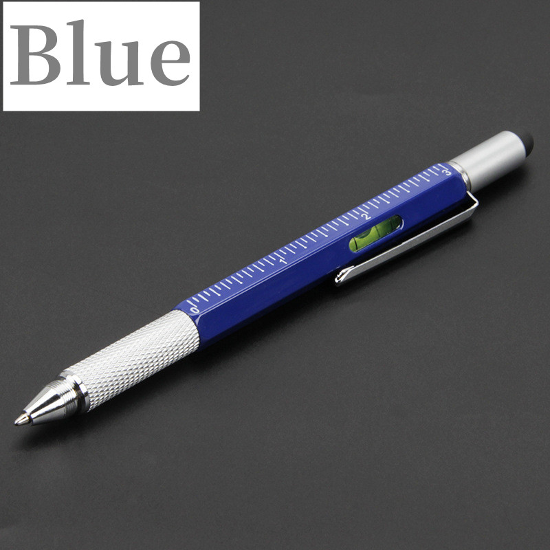 Bolígrafo multifunción 7 en 1, herramienta de mano moderna, regla técnica de medida, destornillador, pantalla táctil, Stylus Spirit Level,: Azul