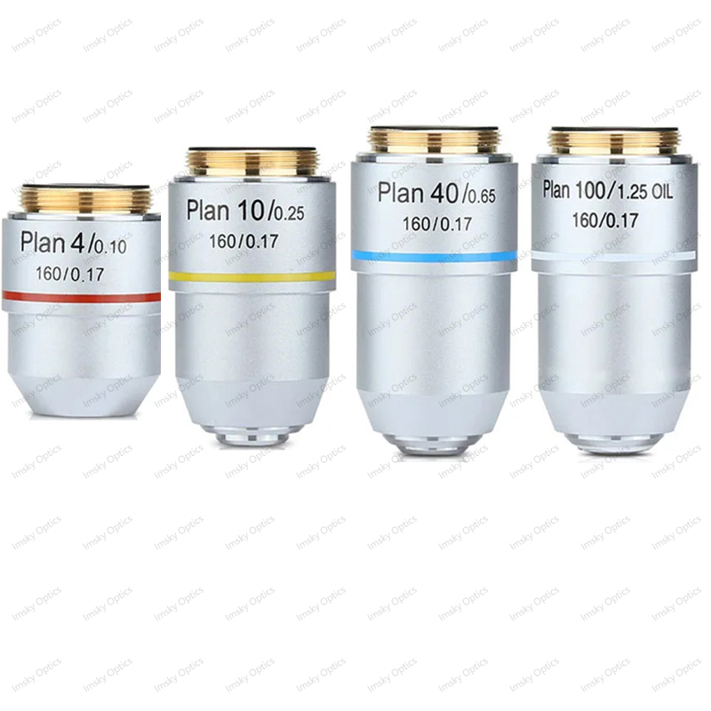 Lente objetivo acromática de Plan de microscopio 4X 10X 20X 40X 100X objetivos de microscopio metalúrgico biológico rosca de 20,2 RMS