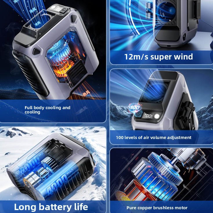 Upgraded electric fan waist hanging high-speed digital display portable turbine brushless motor hanging neck USB charging