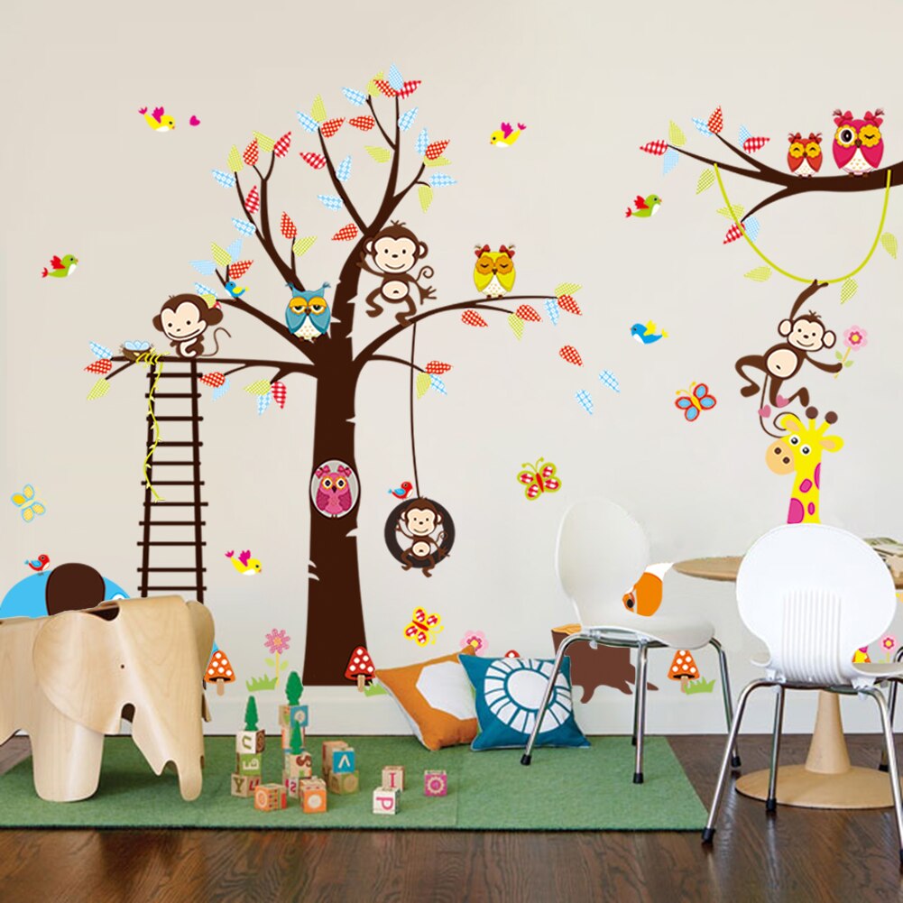 3D cartoon animal monkey tree branch home dacor wall sticker baby children height measure growth chart for kids room decals