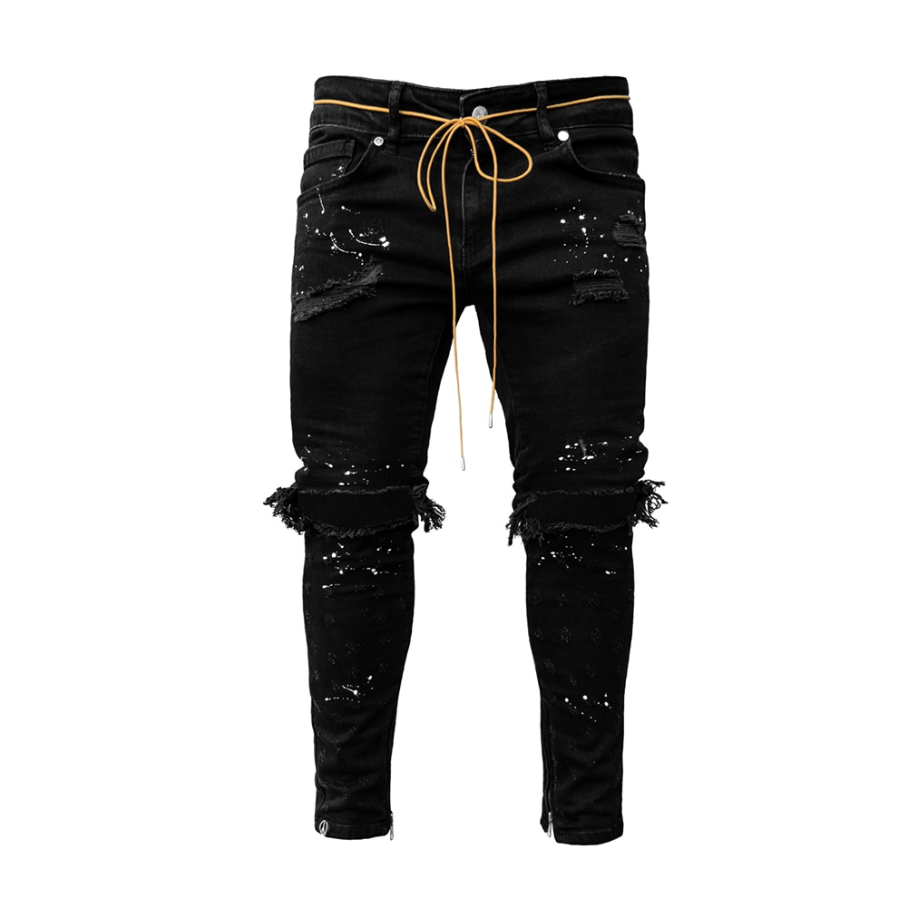 Skinny Jeans men Streetwear Destroyed Ripped Jeans Homme Hip Hop Broken modis male Pencil Biker Embroidery Patch Pants