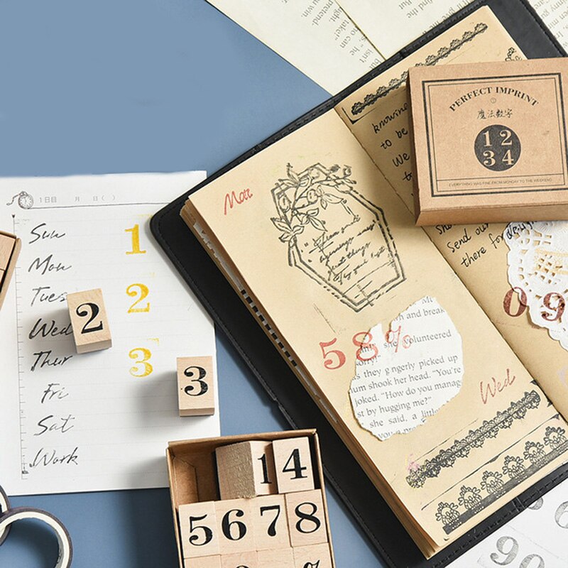 Tampon Vintage à symbole numérique en bois, série fonction de base, planificateur de mois, papeterie fournitures de bureau