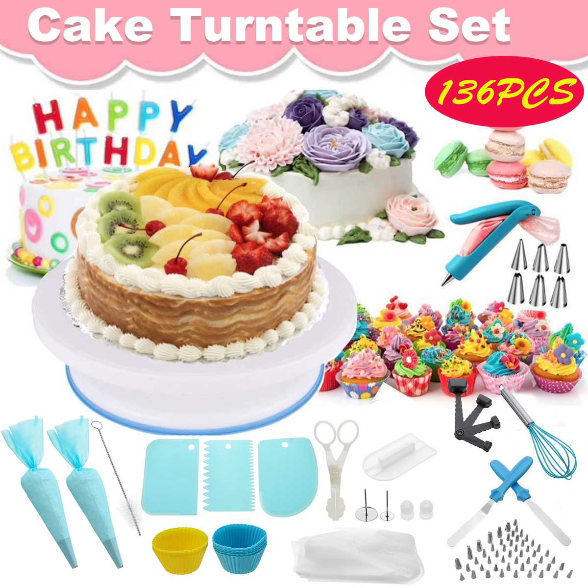 136Pcs Cake Decorating Kit Pastry Tube Fondant Tool Cake Turntable Set Kitchen Cake Dessert Baking Bakeware Pastry Supplies