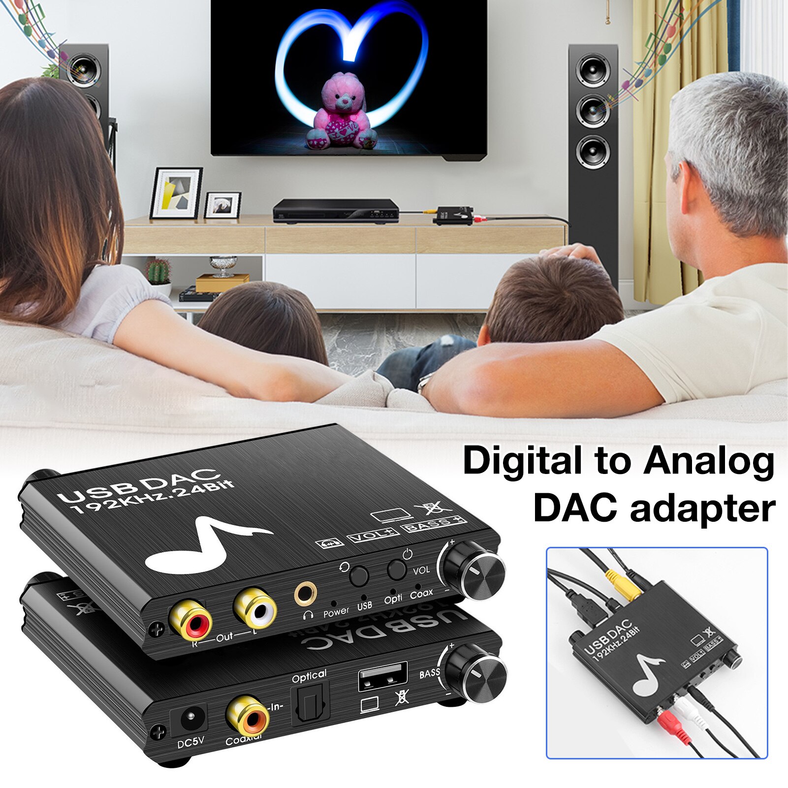 192Khz/24Bit Digitaal Naar Analoog Audio Converter Dac Adapter Opticals Toslink Coaxiale Rca 3.5Mm Voor PS3 PS4 tv Usb Power Kabel