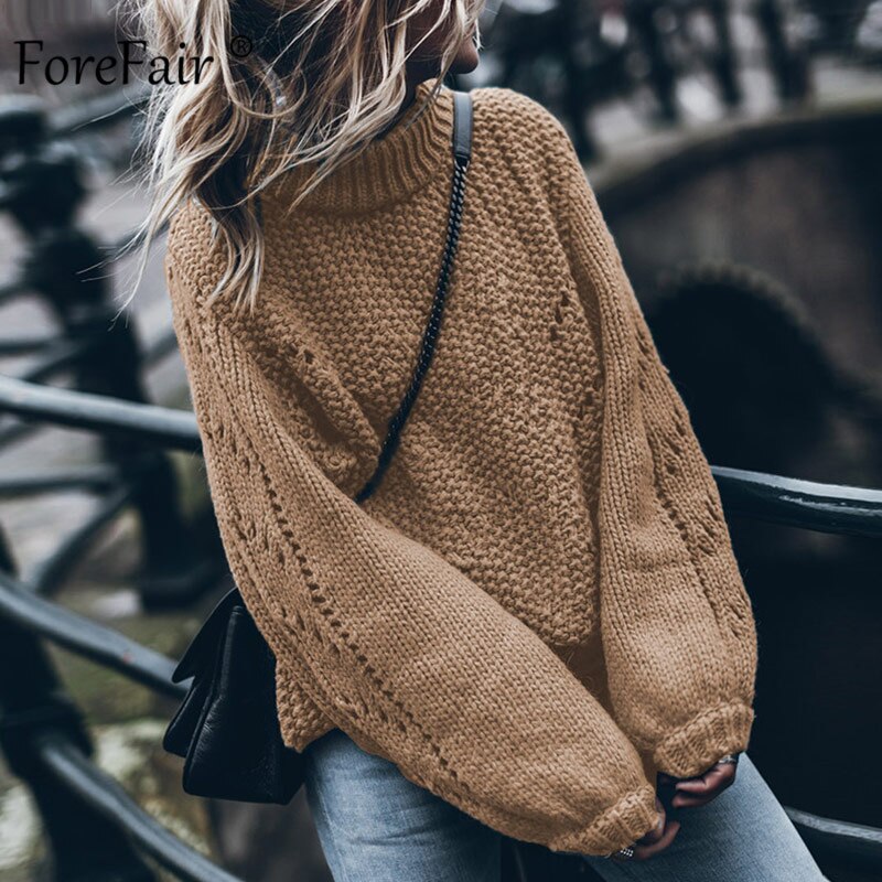 Forefair solid overdimensjonert vintage strikket genser dame vintergenser tilfeldig langermet damegenser: Khaki genser / Xl
