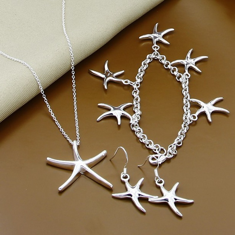 925 Sterling Silver Jewerly Set Lucky Star Necklace Bracelet Earrings Set