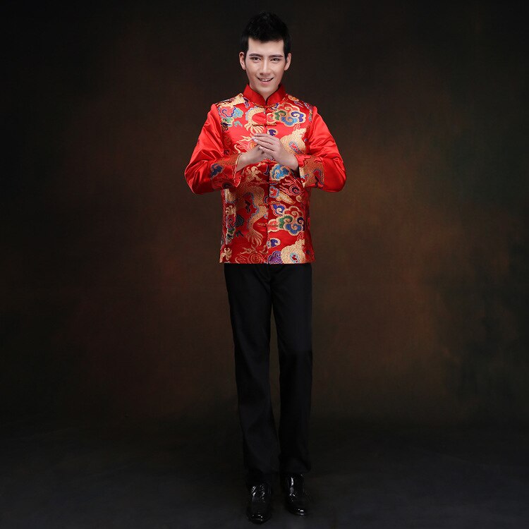 Czerwona tunika mężczyźni tradycyjny chiński mężczyzna orientalne męskie ubrania shanghai tang top cheongsam ślub chiński garnitur tang dla mężczyzn: Red4 / S