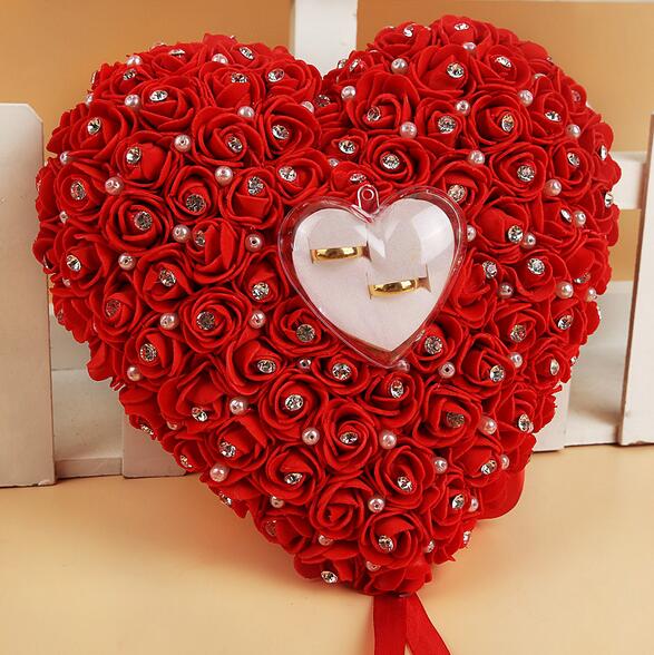 Rose Wedding Ring Kussen met Ring Box Trouwring Houder Toonder Doos Hartvorm Rhinestione Voor Bruiloft Decoratie: red