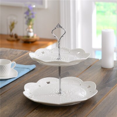 Ronde witte reliëf keramische fruitschaal europese drielaagse snackschaal taartschaal woonkamer snoepschaal plank: 20-25.5cm b1