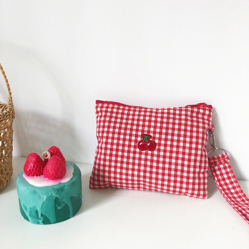 Purdored 1 pc kirsebærrød plaid makeup taske unge piger sød lynlås kosmetik taske mini kvinder skønhed taske rejse make up taske