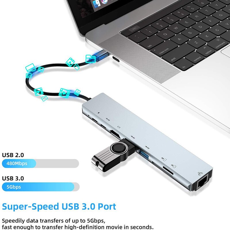 8 -i- 1 usb-c-hub, type-c-splitter, 4k thunderbolt 3- dokkingstasjon, bærbar pc-adapter for macbook air  m1, ipad pro  rj45 , hdmi-datamaskin