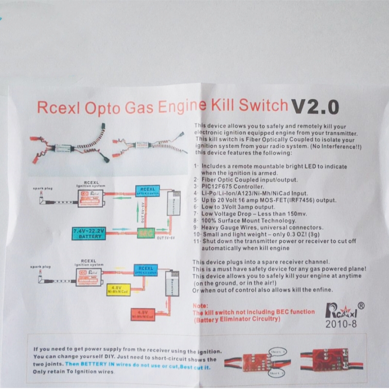 Rcexl Opto Gas Engine Remote Kill Switch K1 V2.0 On Board CDI Cutoff /Engine Stop for RC DLE Gasoline Engine Model Airplane