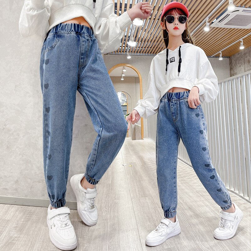 Jean pour filles, pantalon en Denim, motif cœur, décontracté, pour adolescentes de 6, 8, 10, 12 ans, collection printemps-automne