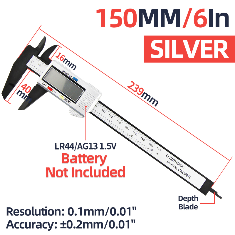 Pied à coulisse numérique électronique en plastique, Vernier, jauge d&#39;épaisseur, règle micrométrique, outils de mesure, Instrument, tachymètre: Caliper Silver 150