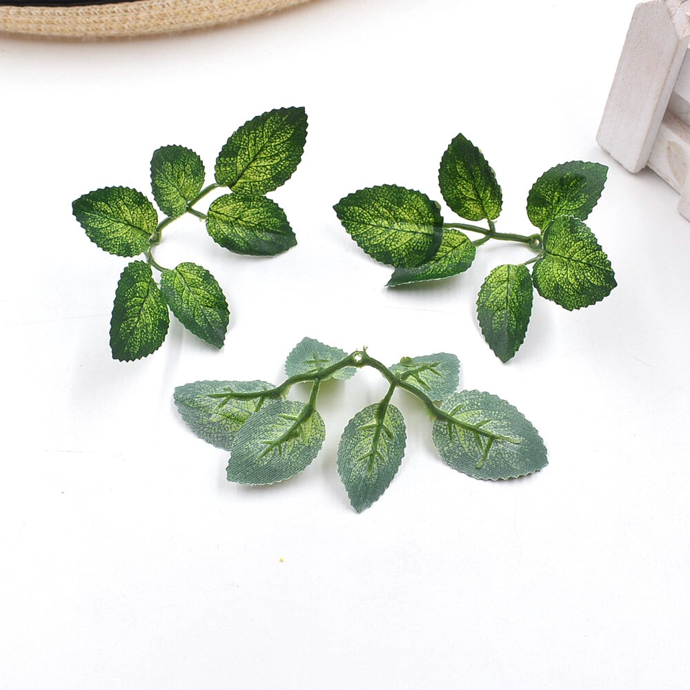 10 stk grønne kunstige blade bryllup boligdekoration rose blade diy klippe og indsætte håndværk falske blomster kunstige planter