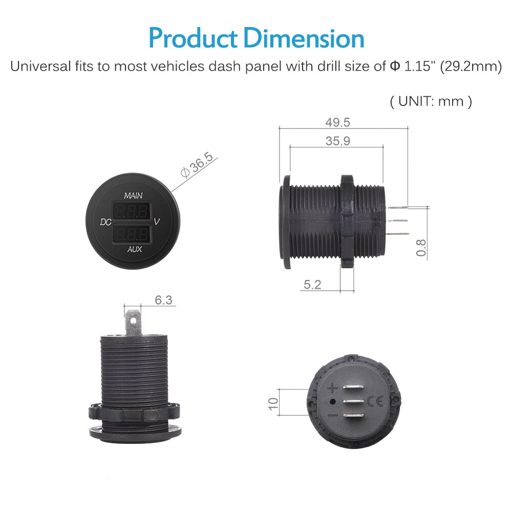 Mictuning 10-60v sininen led -digitaalinen pyöreä kaksoisvolttimittaripaneelin jännitemittari, yleinen auton noutoauton kaksoisakkuun