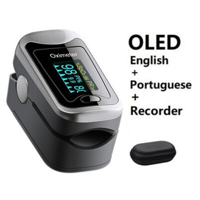 Fingerspids puls oximeter finger de pulso dedo hjemme puls oxymeter pulsioximetro med engelsk og portugisisk sprog oled: Sølv-sort-etui