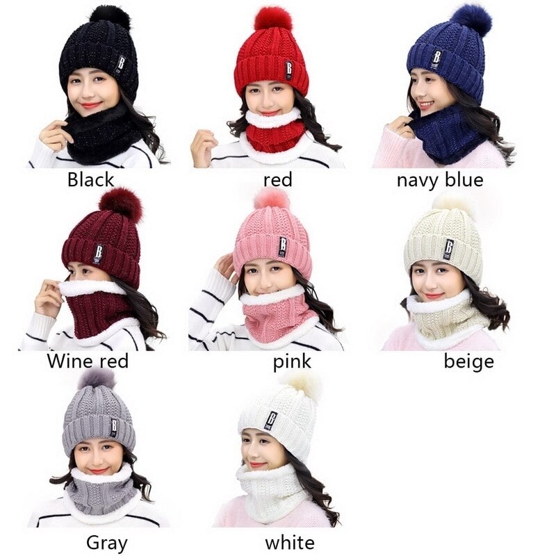 2 Stuks Set Vrouwen Gebreide Muts Sjaal Caps Halswarmer Winter Hoed Voor Dames Meisjes Skullies Mutsen warme Fleece Caps