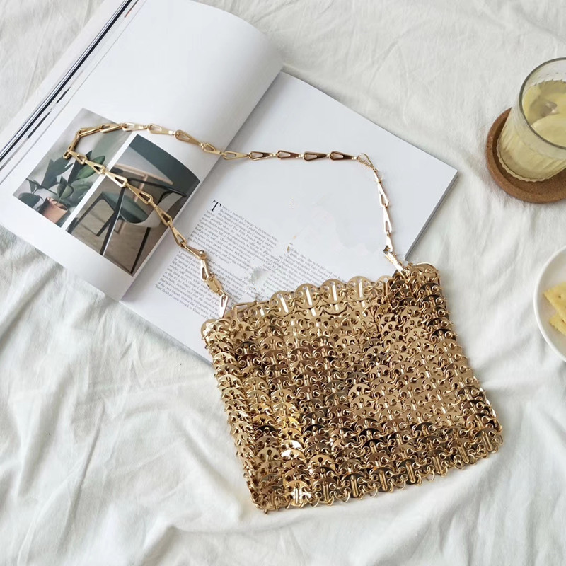 luxury Women Bags Metal Sequins Chain Woven Bag Hollow Evening Bags Clutch Female Travel Shoulder Bag Handbag: Shoulder golden