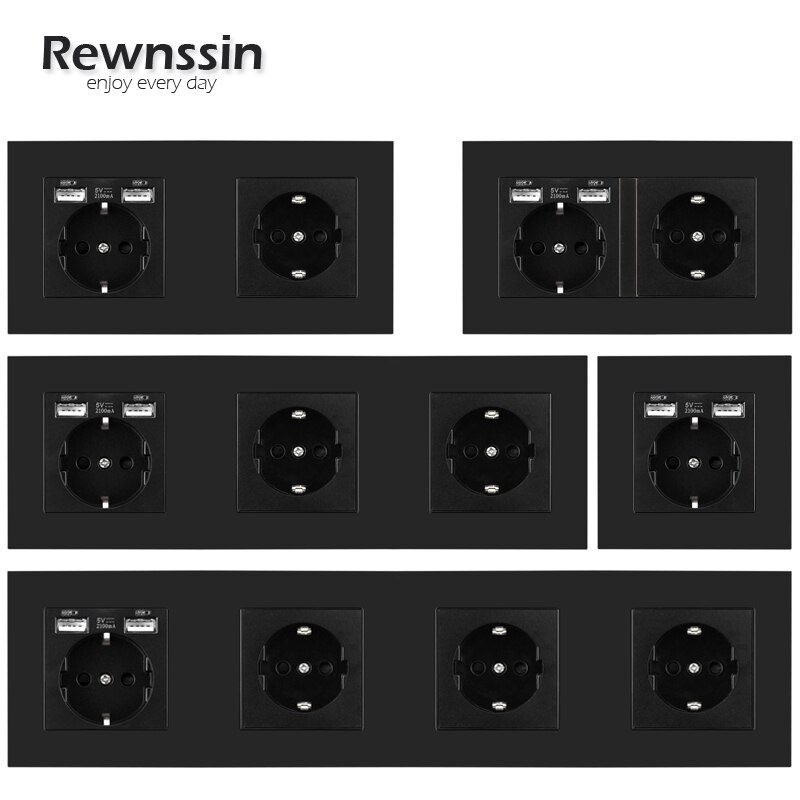 Wall Power EU Standard Socket Triple Singel Double Triple Quadruple Electricity Outlet Black 2.1A USB Plug Plastic Panel