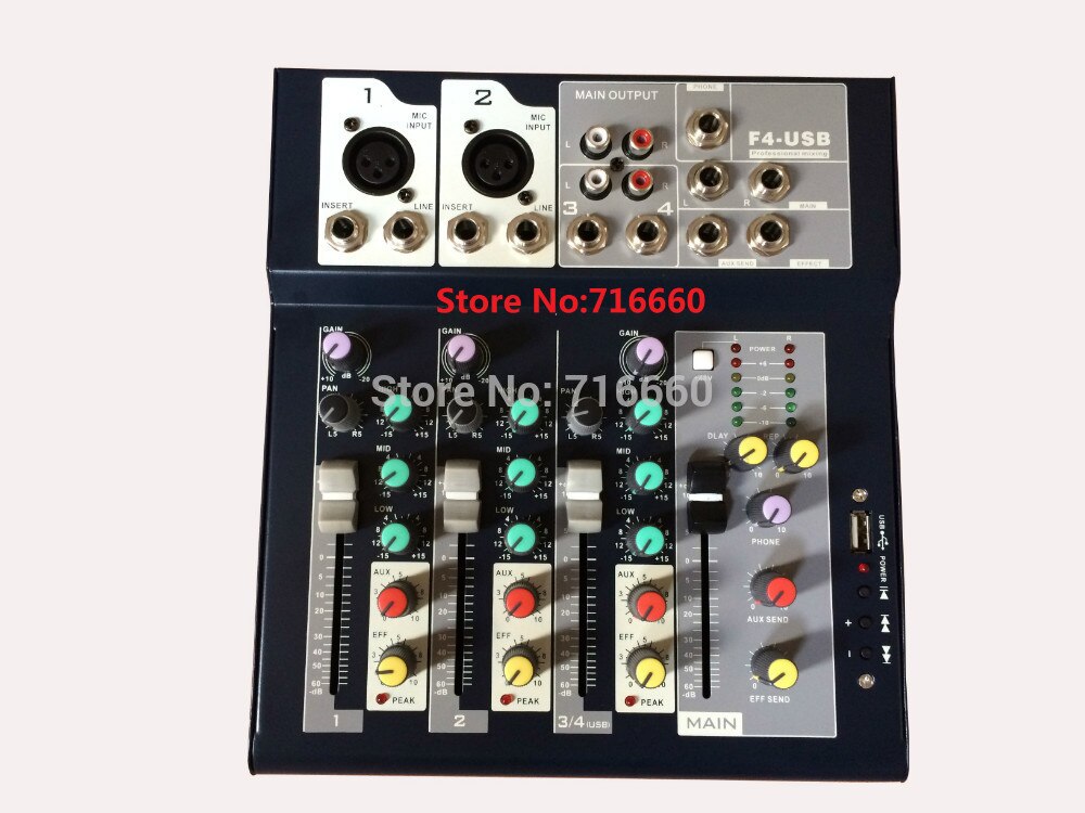 F4-USB Mini Audio Mixer Console with USB,Built in effect processor Audio Mixer, 4 channel mixer sound console 48v power supply