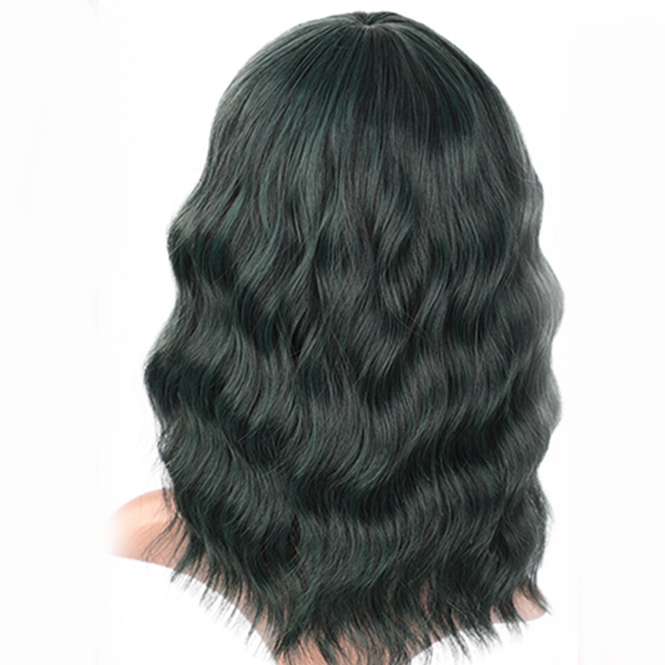 Stamped Glorious Bob Wig Black Synthetic Short Wavy Wig with Bangs Heat Resistant Fiber African American wigs for Women: Dark Green