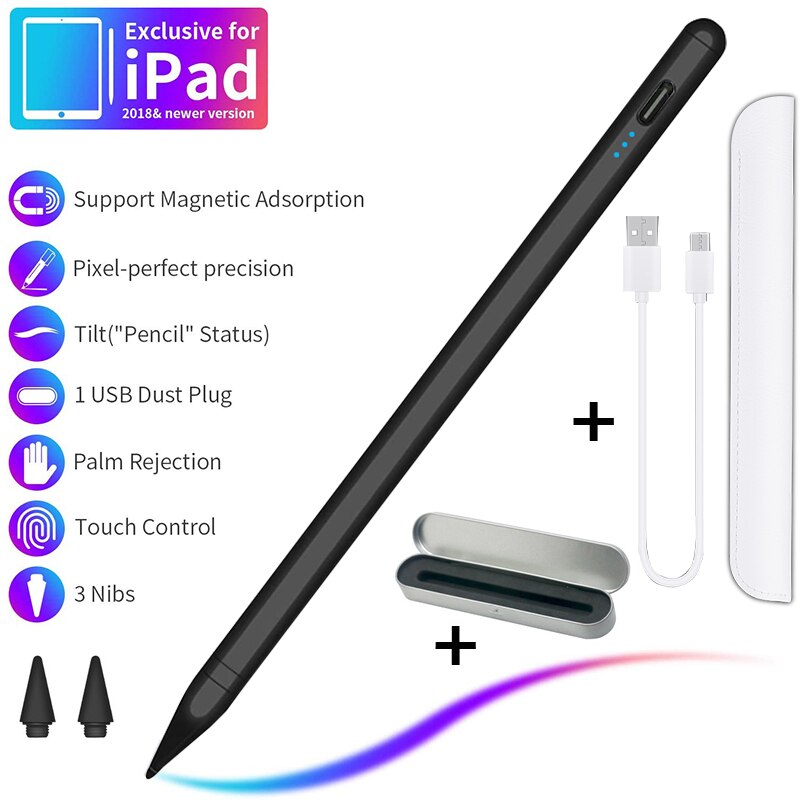 Apple Pencil Tablet Pen Active Stylus Pen For iPad Pro 11 12.9 10.5 9.7 Mini 5 Air Smart Touch Pen: Black