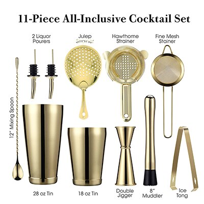 11pcs Cocktails Shakere Bar Set Cocktail Boston Shaker Barware Kit Weighted Shaker Tins Strainer Muddler Ice Tond Jigger Muddler: Gold
