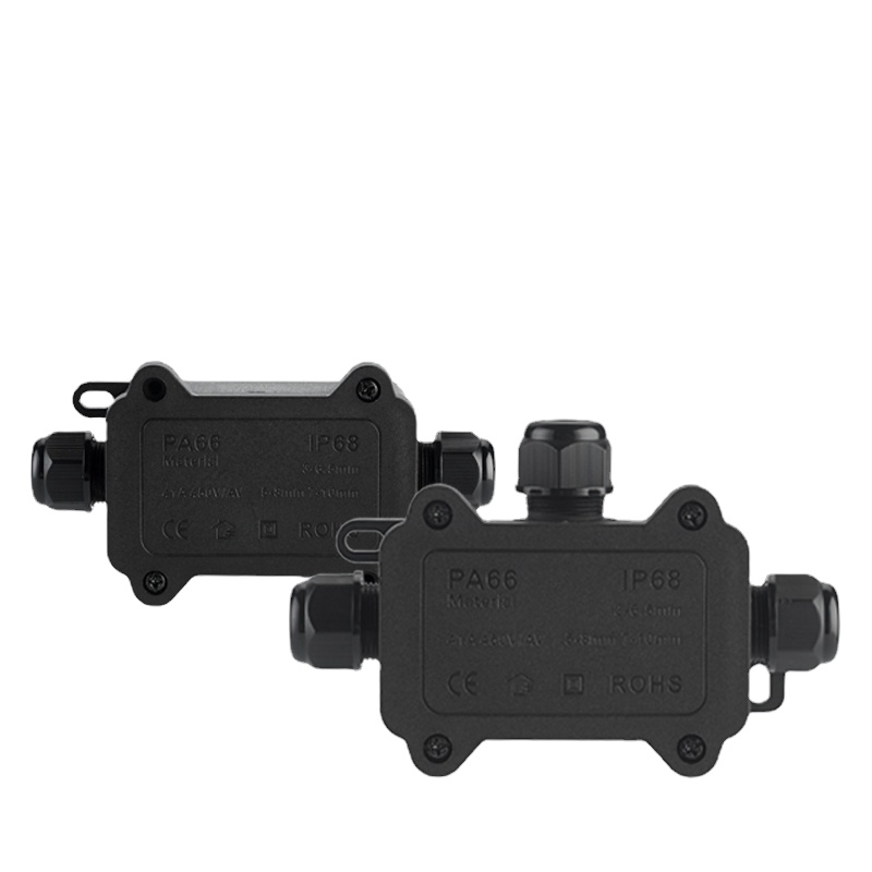IP68 Outdoor Waterproof Junction Box – Black, 3 Way Mini Connector Box with PC Plastic and Terminal, for Buried Wires
