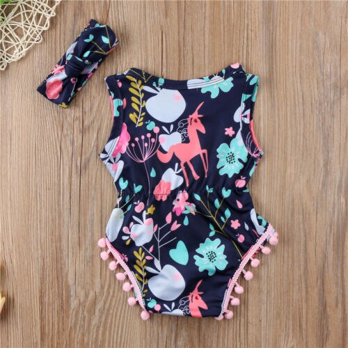 Toddler Baby Boys Girls Bodysuit Summer Floral Sleeveless Bodysuit + Headband 2pcs Jumpsuit Outfits Clothes Size 0-24Months
