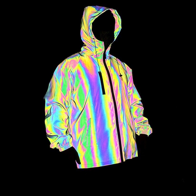 men's autumn winter colorful reflective jacket rainbow glow Hooded Jacket