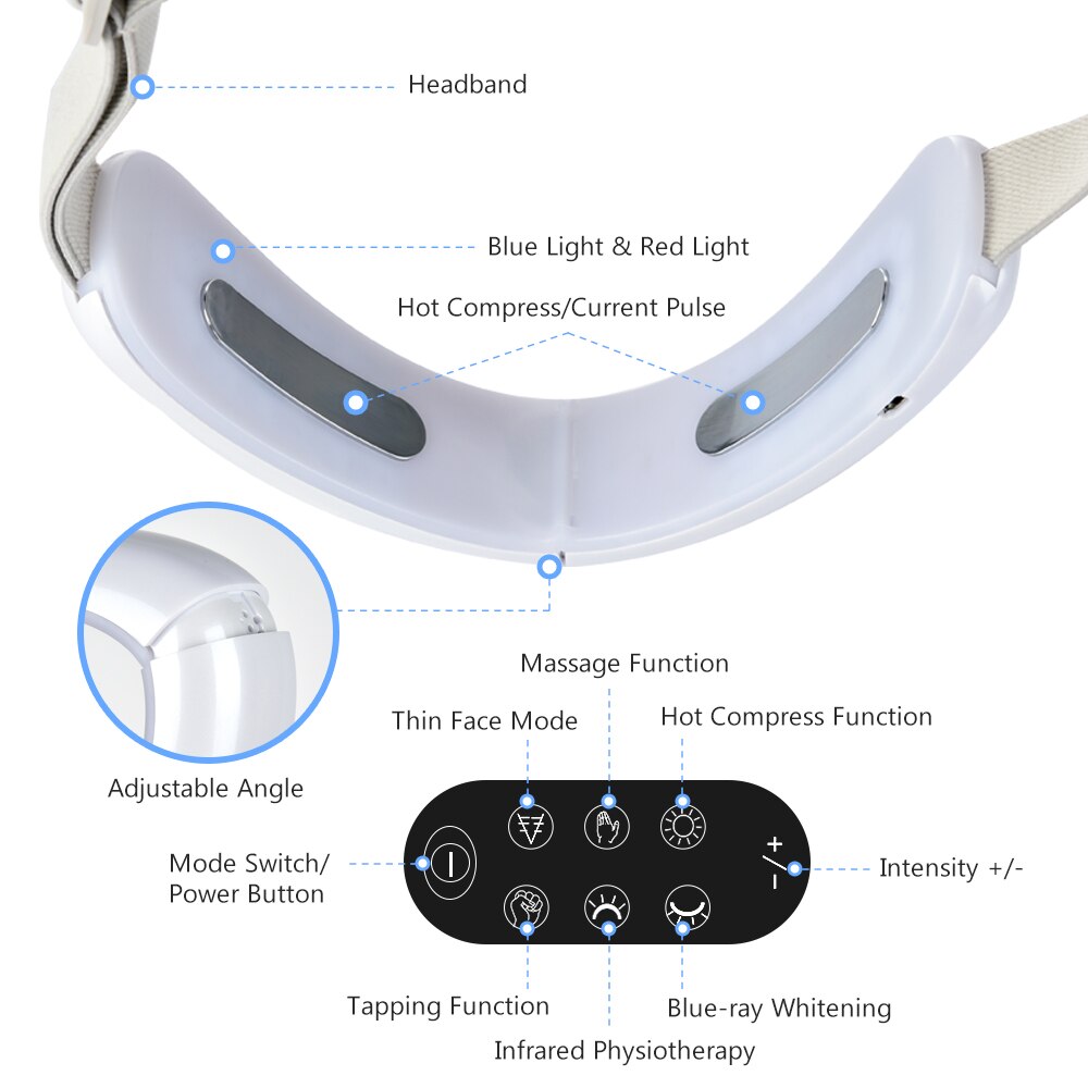 Dispositivo de estiramiento facial EMS V, máquina de cinturón de elevación de mentón, herramienta de adelgazamiento, masajeador, terapia de fotones LED roja y azul, vibración de calor galvánico