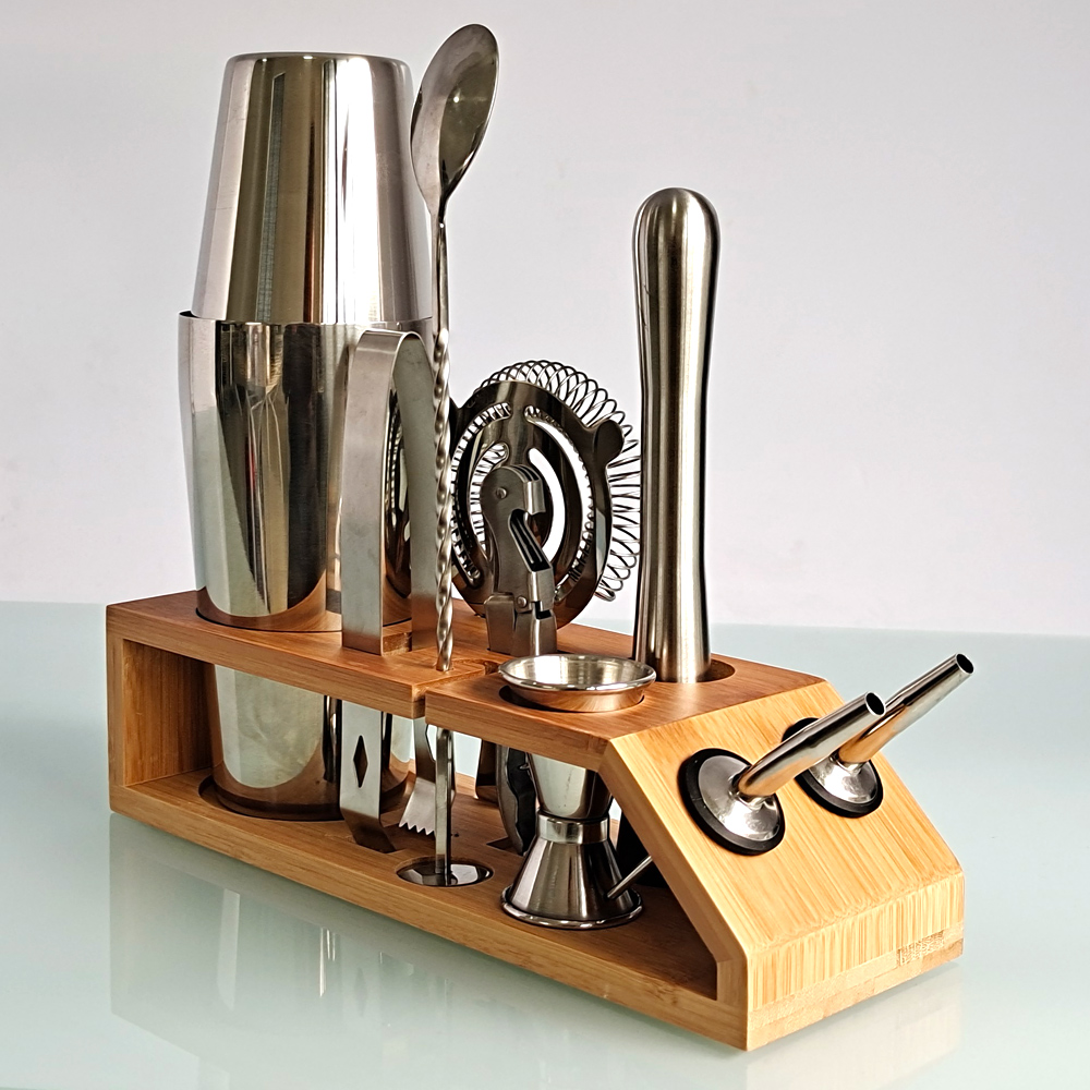 Bartender Kit， 10-Piece Cocktail Shaker Set Bamboo Trapezoid Stand， For Mixed Drinks Martini Home Bar Tools Set Stainless Steel