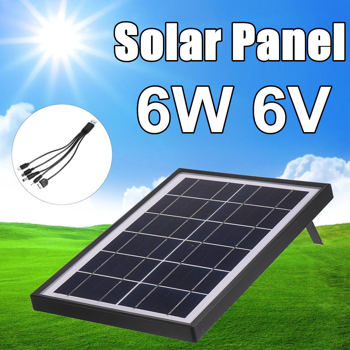 6W 6V Glass Polysilicon Solar Panel Cell With 5-in-1 Cable Outdoor Portable Photovoltaic Cell for Battery Charger Solar System