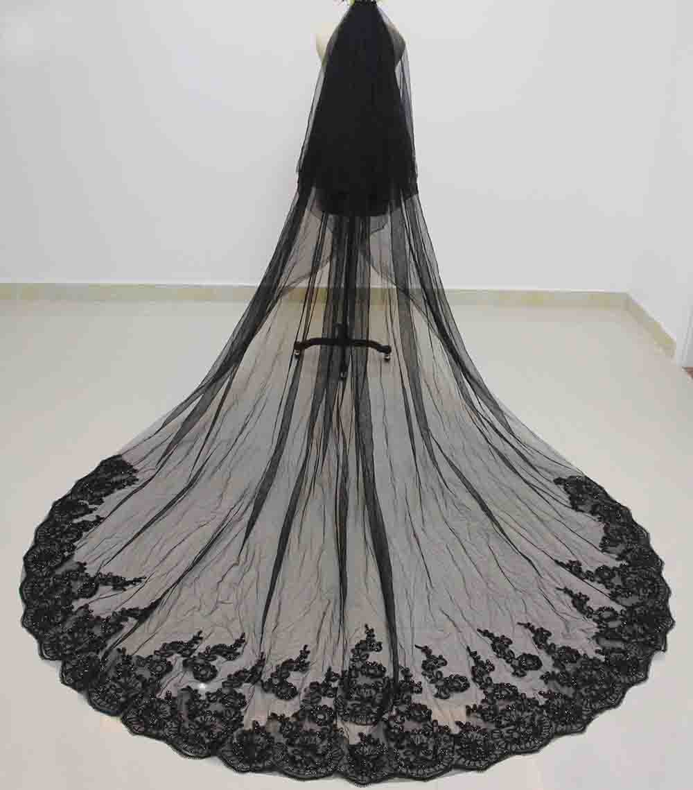 Black Long Wedding Veil with Sequined Lace Cathedral 2T Bridal Veil Cover Face 2 Layers 3 M Veil with Comb Wedding Accessories