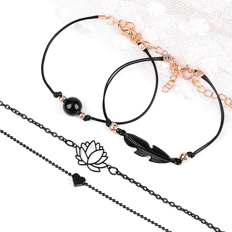 Schwarz Lotus blume Herz Blatt Armbänder einstellen Für Frauen Charme Kette Hand Schmuck Mädchen