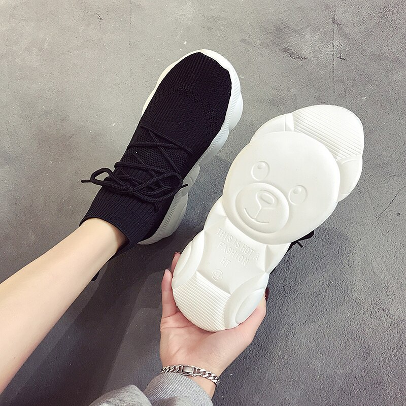 Svart vit stickad hög plattform sneakers tjock sula strumpa sneakers dam skor mjuk sula som andas fritidsskor kvinnor