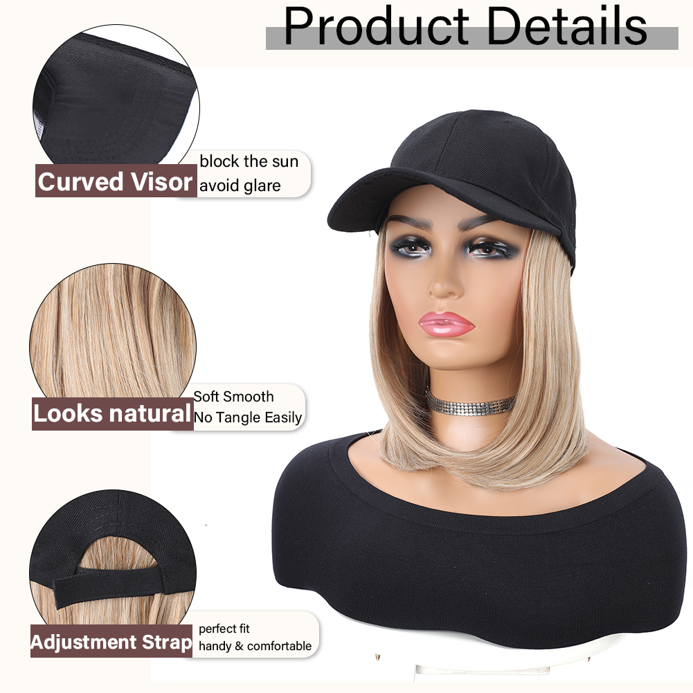 Boné de beisebol com extensões de cabelo sintético, liso, curto, bob, penteado ajustável, removível, peruca, chapéu, 10 polegadas, para mulher e menina