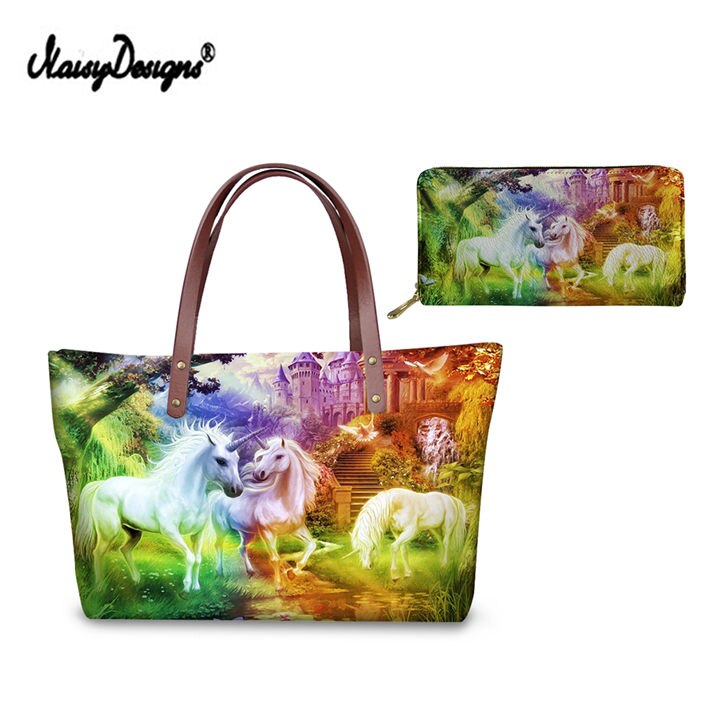 Pink Unicorn Horse Printed Women Shopping Bags Crossbody Bags Vintage Messenger Bag Leather Purse Shoulder Travel Top Tote Bags: LMF0058ALZ21