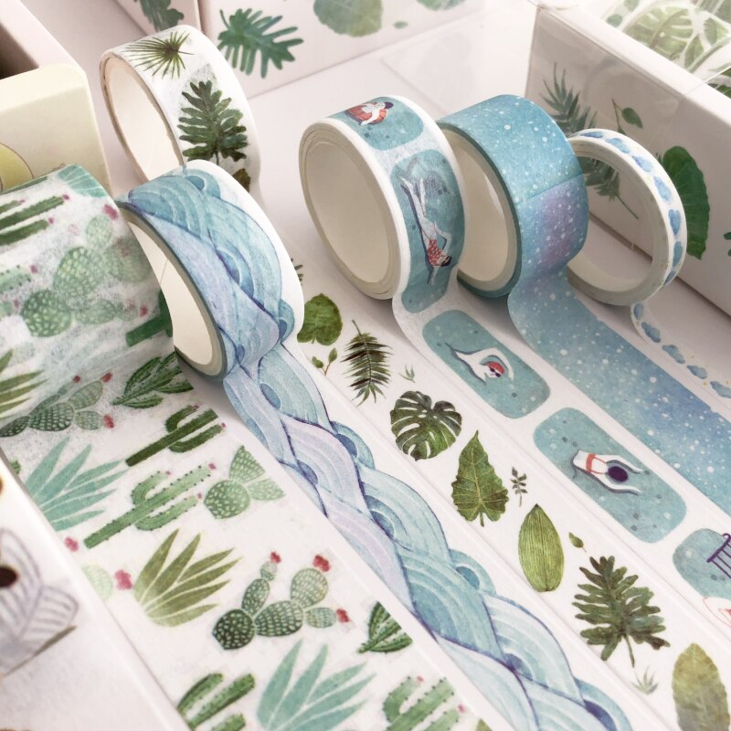 Washi Tape de papel verde, 8 Uds., Cactus azul, fruta, rosa, flamenco, cintas adhesivas, F348